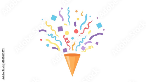 A festive orange party popper exploding with colorful confetti and streamers against a white background, celebrating a joyous occasion.