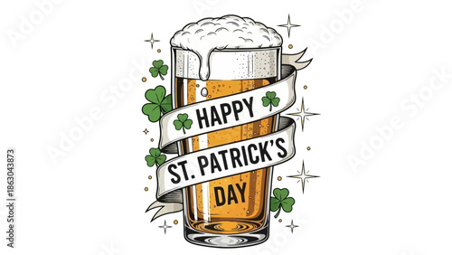 Happy St. Patrick's Day beer glass with shamrocks and ribbon, festive greeting for Irish holiday