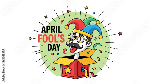 A colorful illustration of a jack-in-the-box popping out with a clown face, celebrating April Fool's Day with confetti and stars.