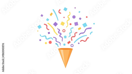 A festive cone erupting with a colorful explosion of confetti and streamers, celebrating a joyous occasion.