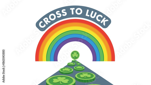 Rainbow path leading to fortune, paved with shamrock coins, inviting to cross towards luck
