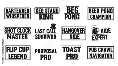 Collection of various text labels and titles related to drinking and social activities.