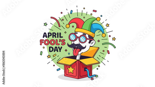 A cartoon illustration of a jester popping out of a jack-in-the-box with confetti and stars, celebrating April Fool's Day.
