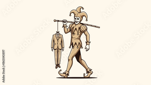 A jester in a traditional costume walks carrying a suit on a stick over his shoulder, symbolizing a change in persona or a playful deception.