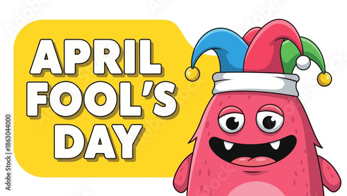 A playful pink monster wearing a jester hat celebrates April Fool's Day with a cheerful expression and a bright yellow background.
