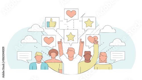 Diverse group of people expressing joy and positivity with social media symbols