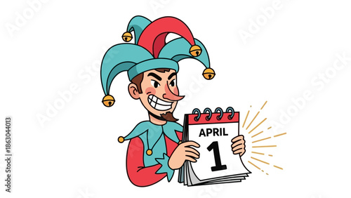 A mischievous jester in a colorful costume grins while holding up a calendar page showing April 1st, symbolizing April Fools' Day.