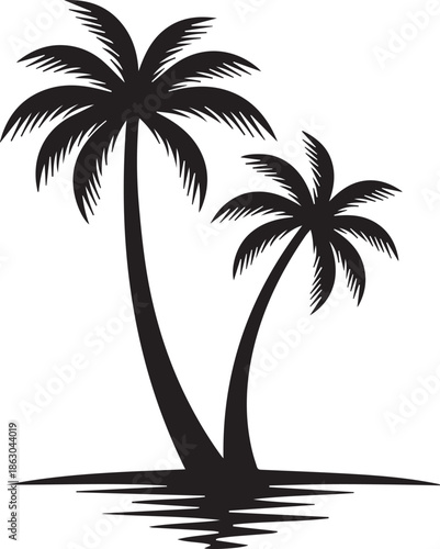 Palm tree island icon with water reflection and tropical silhouette in black beach nature design
