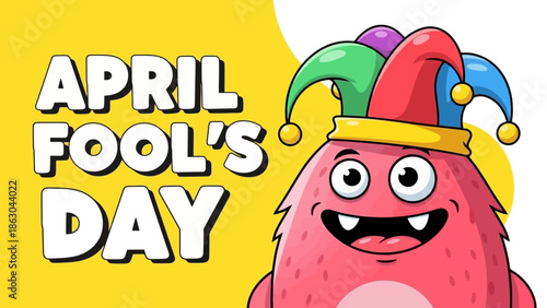A cheerful pink monster wearing a jester's hat celebrates April Fool's Day with a playful expression and a bright yellow background.