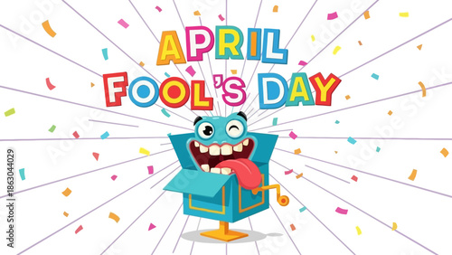 A cartoon jack-in-the-box with a silly face pops out of its box, surrounded by colorful confetti and radiating lines, celebrating April Fool's Day.