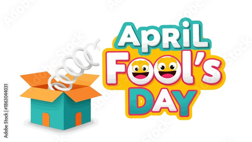 A colorful graphic illustration celebrating April Fool's Day with a jack-in-the-box popping out of an open box, accompanied by playful text.
