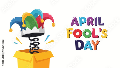 A colorful illustration of a jester's hat popping out of a box, with the words "April Fool's Day" written in vibrant letters.