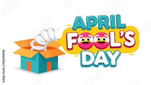 A colorful illustration of an open box with a spring popping out, next to the text 'APRIL FOOL'S DAY' featuring playful, cartoonish faces.