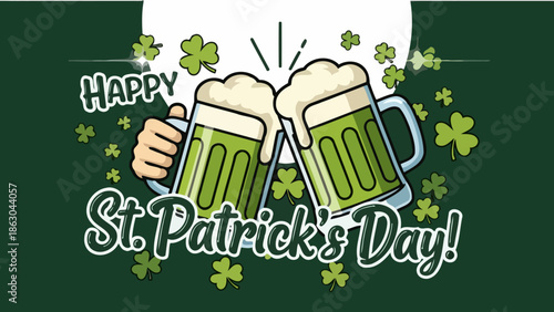 Festive image celebrating St. Patrick's Day with green beer mugs and clovers.