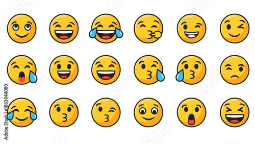 A vibrant collection of 18 yellow cartoon emojis, each expressing a different emotion or reaction with distinct facial features and expressions.
