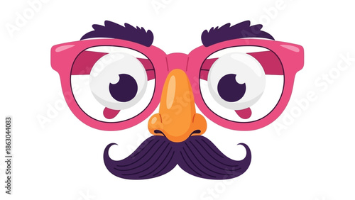 A funny disguise mask with large pink glasses, a big orange nose, and a bushy purple mustache and eyebrows.