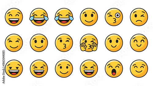 A collection of 18 diverse cartoon-style emojis displaying a range of human emotions and expressions, presented in a grid format.