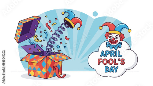 A colorful jack-in-the-box springs open with confetti and a clown, celebrating April Fool's Day with a festive design.