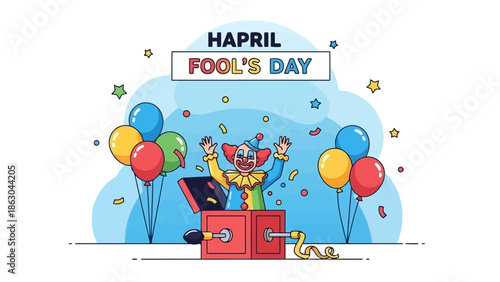 A colorful illustration for April Fool's Day, featuring a jack-in-the-box and balloons.