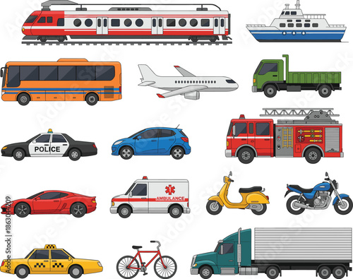 Transportation vehicle vector set with car bus train airplane ship truck and emergency vehicles isolated on white