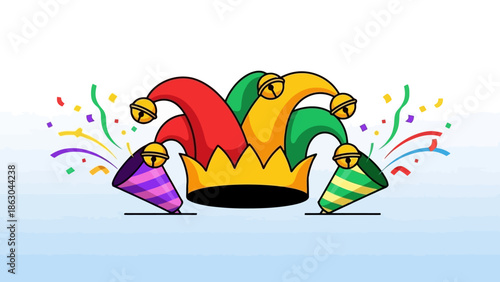 Festive Fool's Day Celebration Illustration: Vibrant Jester Hat, Party Poppers, and Colorful