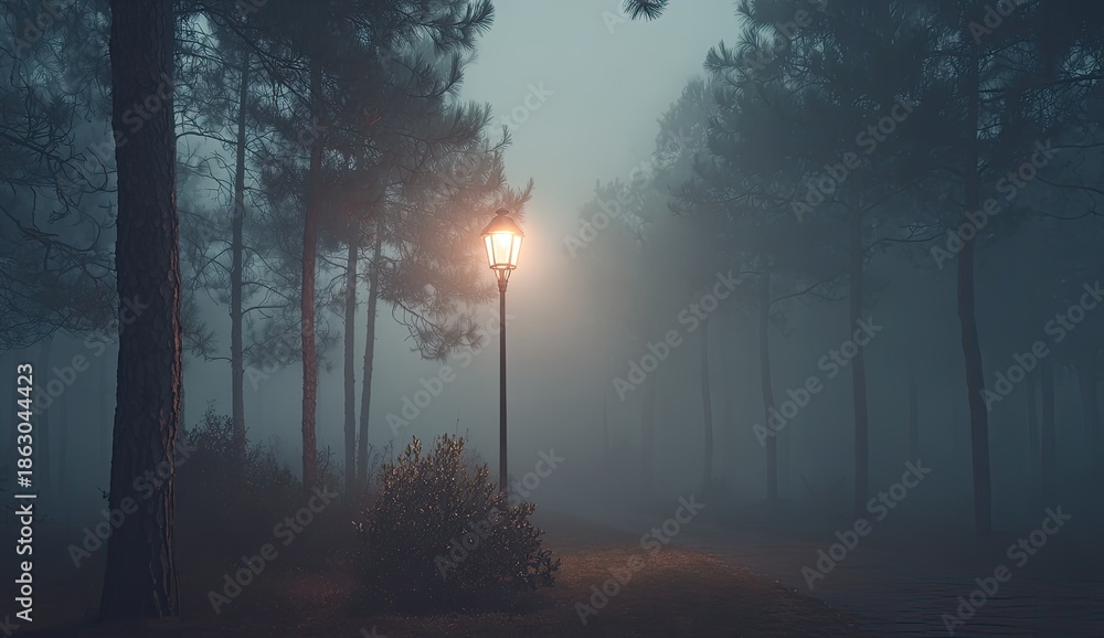 Obraz premium Atmospheric scene of a glowing lamppost illuminating a misty forest path