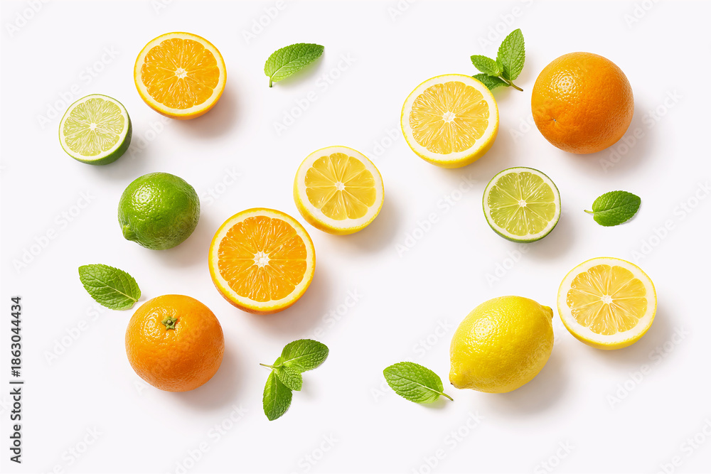 Fototapeta premium Fresh citrus fruits and mint leaves on white background