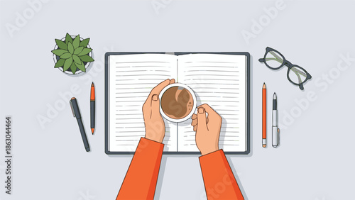 Flat lay of desk scene with hands holding coffee over an open notebook
