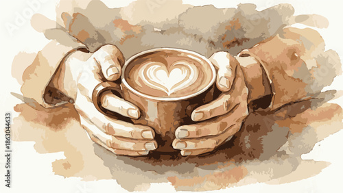 Warm watercolor art of hands holding coffee cup with heart latte art