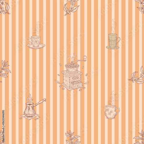 Seamless coffee background with hand drawn icons on vertical orange stripes