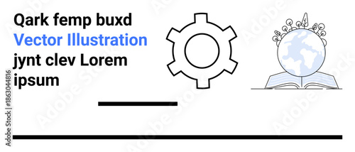 Gear beside open book with globe showcasing global learning, technological progress, education, and teamwork. Ideal for STEM, research, innovation, training, creativity and simple landing page