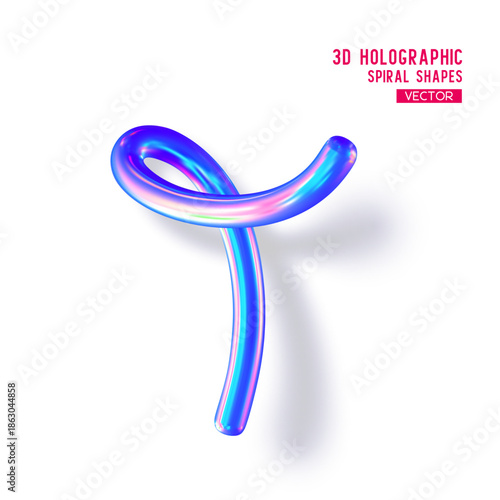 3d holographic abstract spiral shape. Glossy geometric blue primitive with shadow on white background. Iridescent trendy design, thin film effect. Vector.