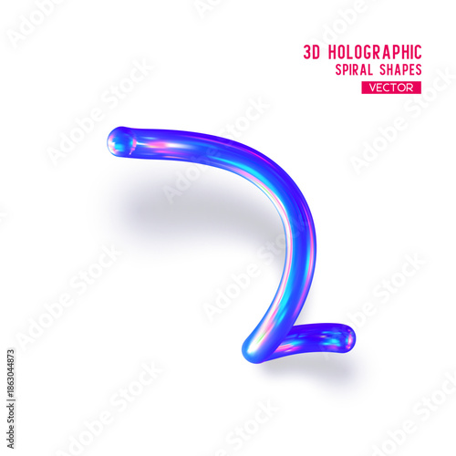 3d holographic abstract spiral shape. Glossy geometric blue primitive with shadow on white background. Iridescent trendy design, thin film effect. Vector.