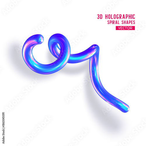 3d holographic abstract spiral shape. Glossy geometric blue primitive with shadow on white background. Iridescent trendy design, thin film effect. Vector.