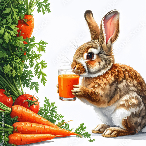 Cute brown bunny enjoying a fresh carrot smoothie in the vegetable garden.  Isolated on white background