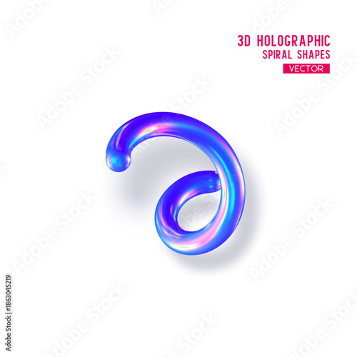 3d holographic abstract spiral shape. Glossy geometric blue primitive with shadow on white background. Iridescent trendy design, thin film effect. Vector.