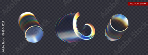 Set of 3d transparent iridescent glossy twist round shapes and cylinders with dispersion effect. Rainbow colors reflection glass. Vector illustration.