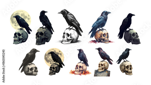set of illustrations depicting a bird on a human skull