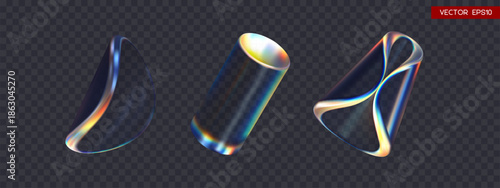Set of 3d transparent iridescent glossy twist round shapes and cylinders with dispersion effect. Rainbow colors reflection glass. Vector illustration.