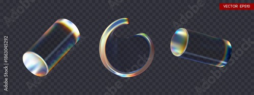 Set of 3d transparent iridescent glossy twist round shapes and cylinders with dispersion effect. Rainbow colors reflection glass. Vector illustration.