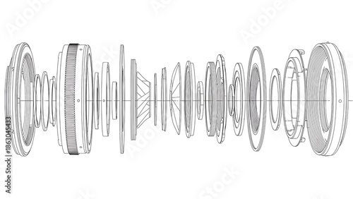 exploded view diagram of a camera lens assembly detailing optical elements and mechanical parts for precision engineering and technical design.