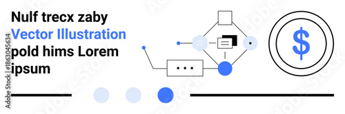 Dynamic abstract design featuring a dollar icon, connected shapes, text, and geometric elements. Ideal for finance, analytics, innovation, marketing, tech data flow simple landing page