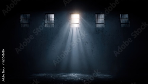 Dark, gritty prison cell with light streaming through barred windows. Atmospheric lighting