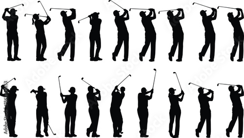 Silhouettes of sixteen golfers in sequential swing poses, illustrating preparation, motion, and follow‑through, representing sports training and athletic technique