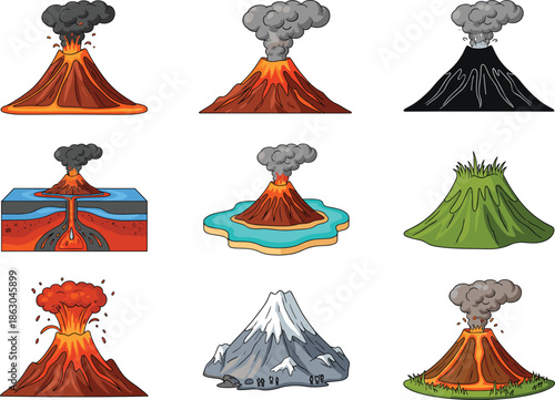 Cartoon volcano eruption vector set with lava smoke magma cross section and mountain volcanoes isolated on white
