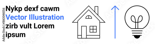 Real estate, innovation, sustainability, energy efficiency, creativity, progress. Minimalist house, upward arrow and light bulb icon. Innovation and energy efficiency conceptual imagery