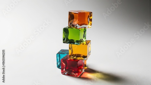 Colorful translucent gummy cube candies arranged in a small pyramid shape.