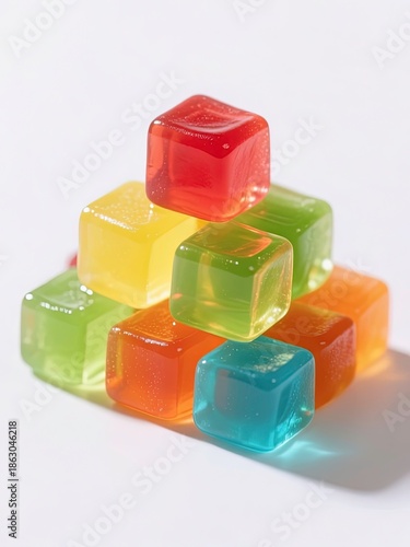 Colorful translucent gummy cube candies arranged in a small pyramid shape.