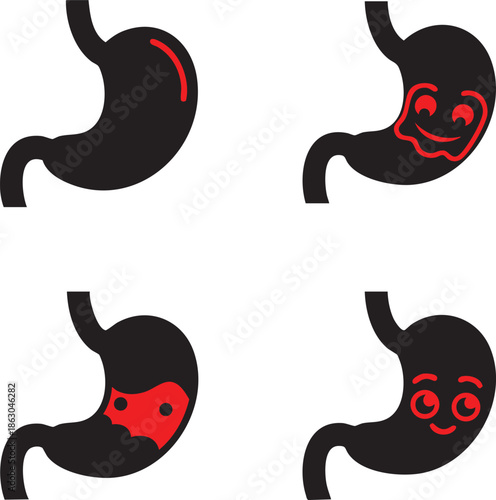 Various emotional stomach illustrations showcasing different facial expressions against a plain white background