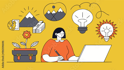 Creative woman working on laptop with innovative ideas and goals